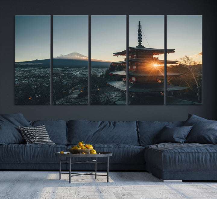 Chureito Pagoda at sunset with Mount Fuji in the background, city lights below, and golden sun rays, ideal for Japanese-inspired wall art.