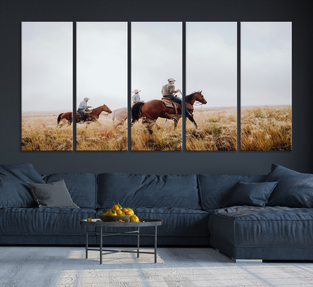 Three cowboys riding horses through a foggy prairie landscape, dressed in Western attire, evoking a rustic and adventurous Wild West aesthetic.