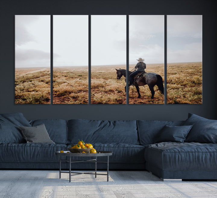 A lone cowboy riding horseback across an open prairie under a vast sky, capturing the rugged and timeless spirit of the Western frontier.