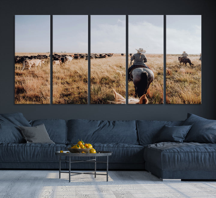 A cowboy and cowgirl on horseback herding cattle through golden grasslands, capturing a rustic and authentic Western ranch lifestyle.