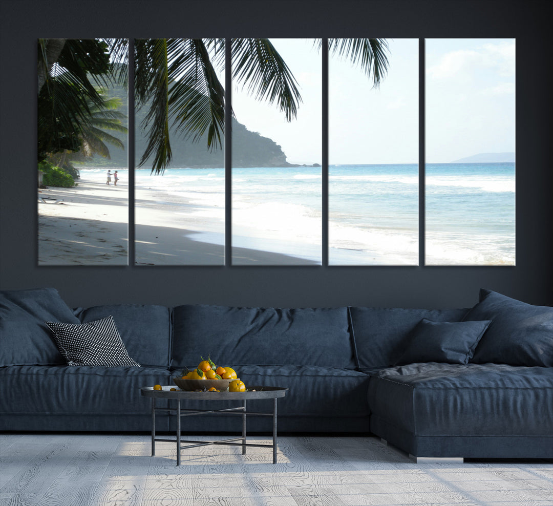 Tropical beach with palm tree shadows, white sand, and turquoise ocean waves, creating a serene and relaxing island escape atmosphere.