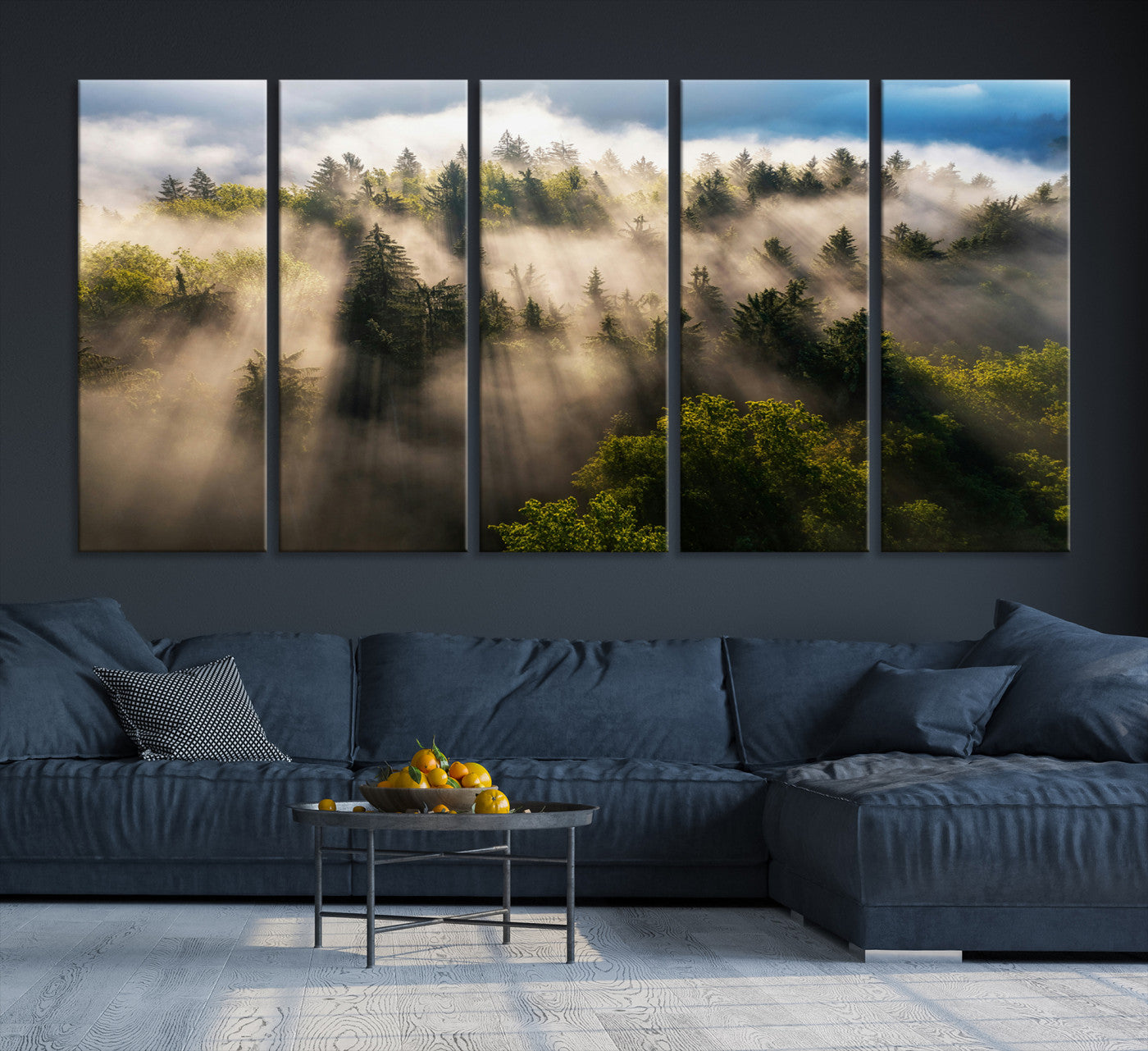 14785710-MGV-CV-36X24-Tranquil Forest Scene Wall Art Canvas Print – Framed Moody Sunbeam Through Trees Nature Artwork for Home Office