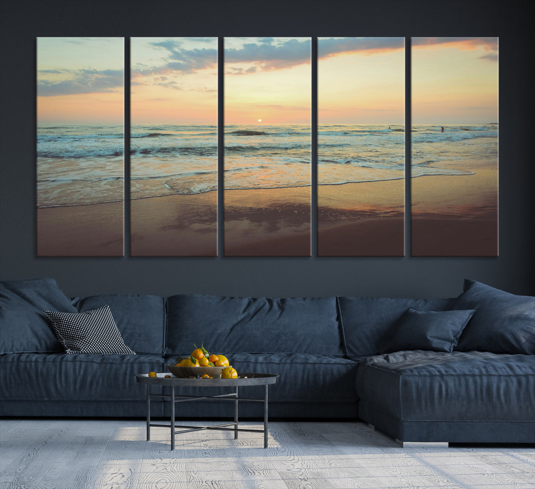 Warm sunset over gentle ocean waves with pastel sky and reflections on wet sand, creating a calm and soothing beach ambiance.