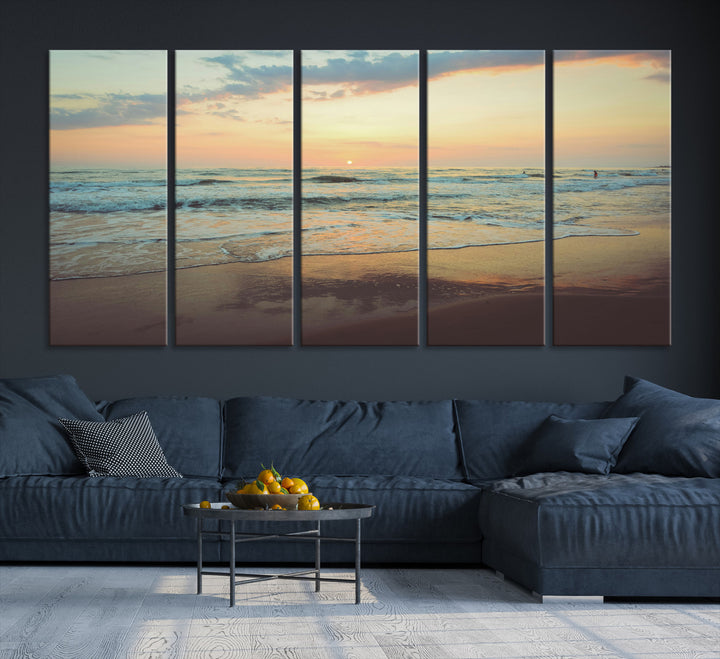 Warm sunset over gentle ocean waves with pastel sky and reflections on wet sand, creating a calm and soothing beach ambiance.