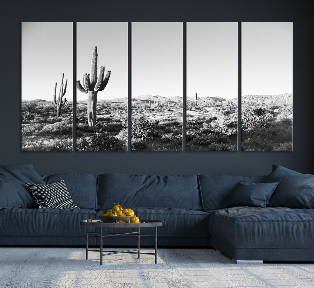 Saguaro Cactus Wall Art Canvas Print, Monochrome Landscape Print, Framed Scenic Arizona Art Print, Large Timeless Western Aesthetic Printing