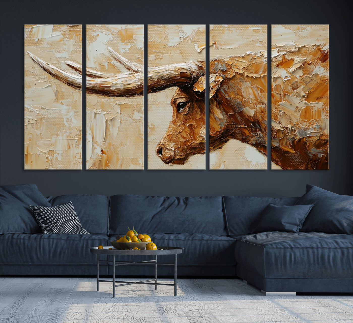 69611428-MGV-CV-36X24-Rustic Longhorn Bull Wall Art Canvas Print – Vintage Western Cattle Texas Steer Scene Artwork for home, office
