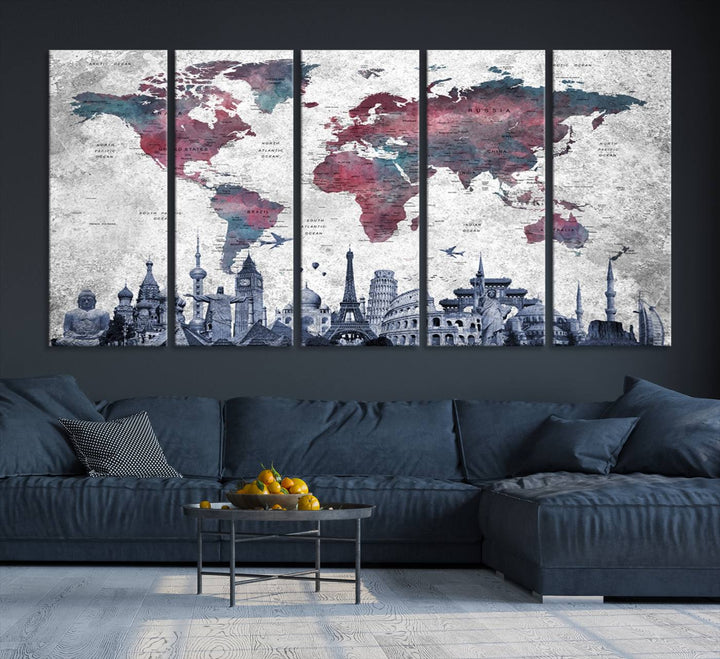 The dining room features a Blue Multipanel World Map Wall Art Canvas Print that adorns the wall, highlighting its neutral decor.