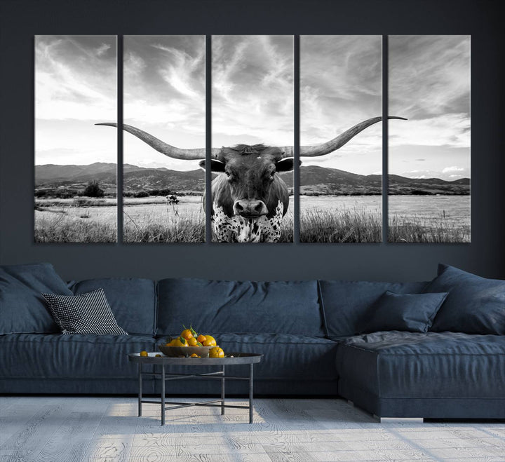 Longhorn Cow Wall Art Canvas Print Farmhouse Wall Art - Texas Longhorn Wall Art Print