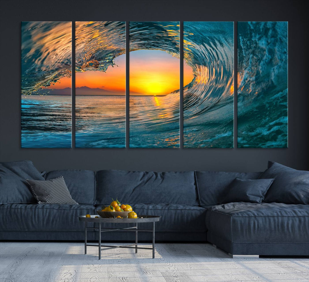 The Ocean Wave Sunset Wall Art canvas print features a vibrant ocean wave at sunset, forming a tunnel with silhouetted mountains.