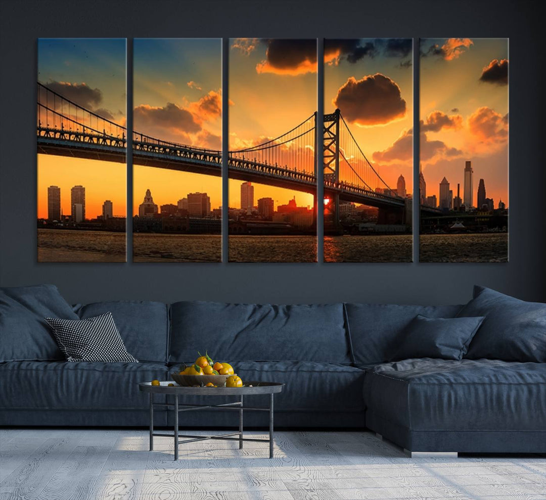 The Philadelphia Ben Franklin Bridge Wall Art Canvas Print radiates charm, embodying the beauty of premium canvas. This handmade-in-the-USA artwork captures attention with its distinct presence.