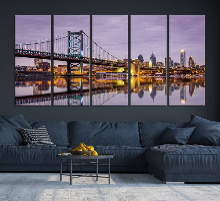 A woman holds the Philadelphia Ben Franklin Bridge Wall Art Canvas Print, a gallery-quality photo showcasing a city skyline with the bridge reflecting on the river. This stunning piece would make an excellent addition as premium canvas wall art for any home.