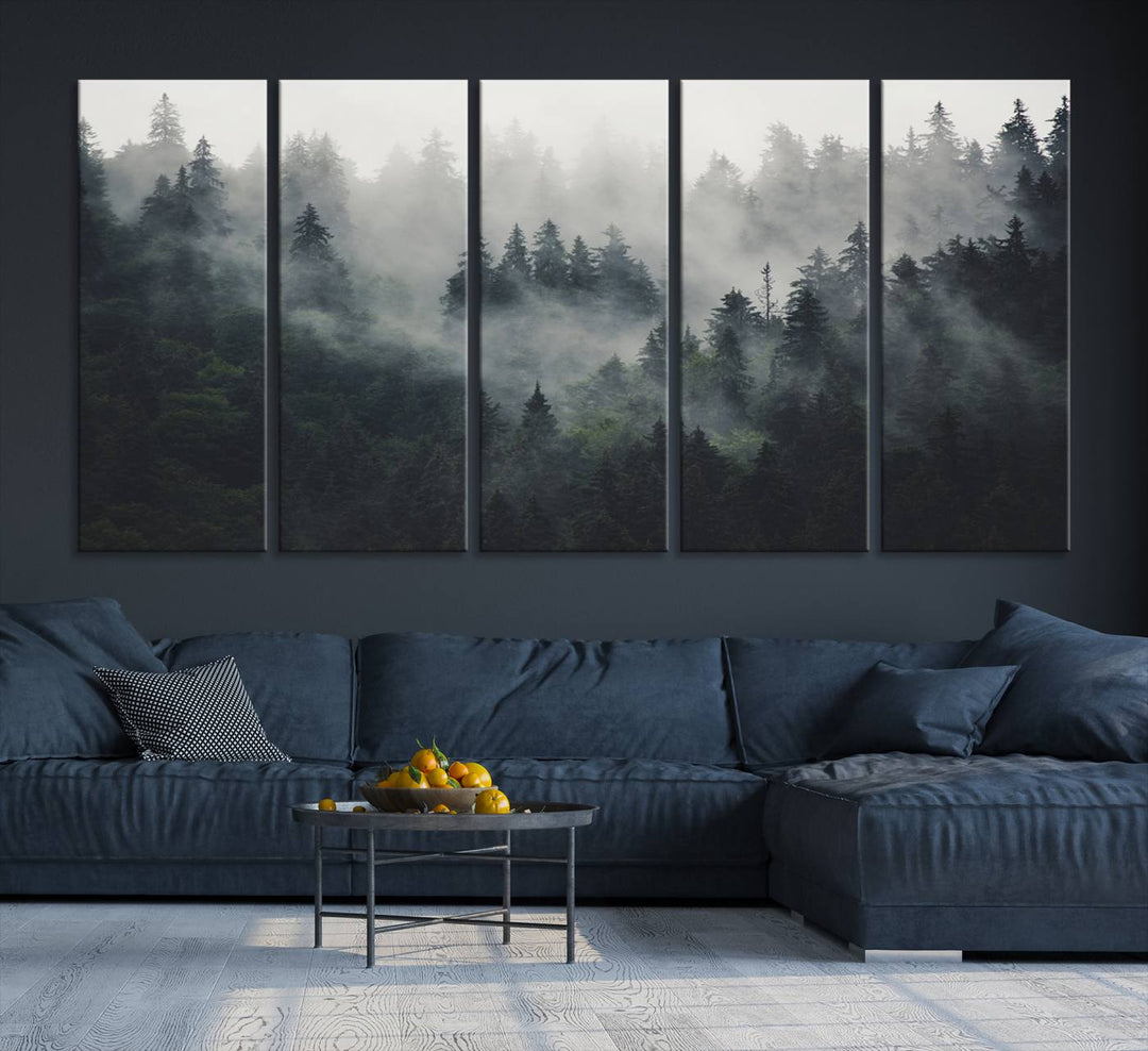 The Serene Triptych Print features tall evergreens, creating a mysterious and calming atmosphere.