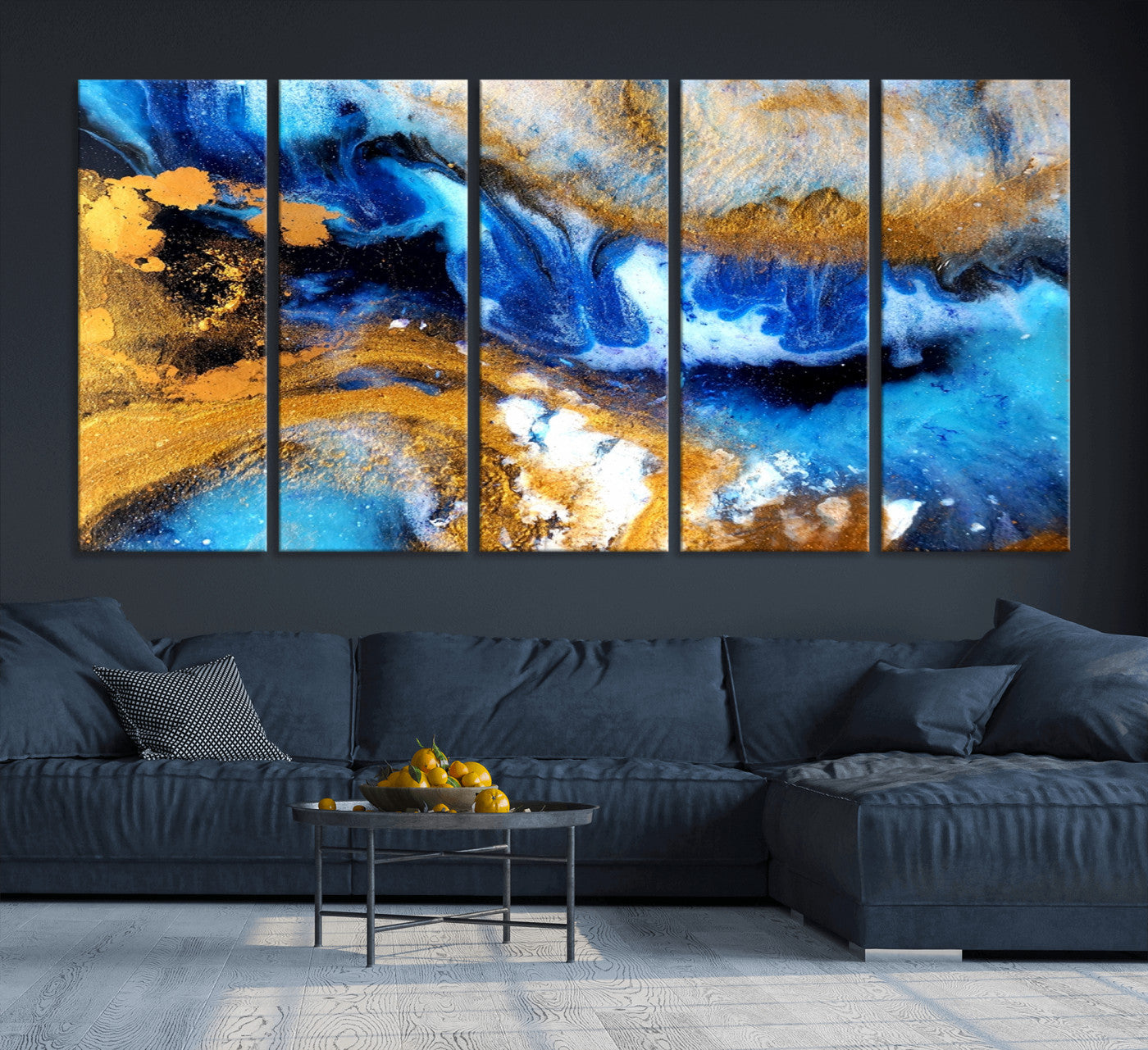 42100-MGV-CV-36X24-Blue Orange Marble Fluid Effect Canvas Wall Art Print