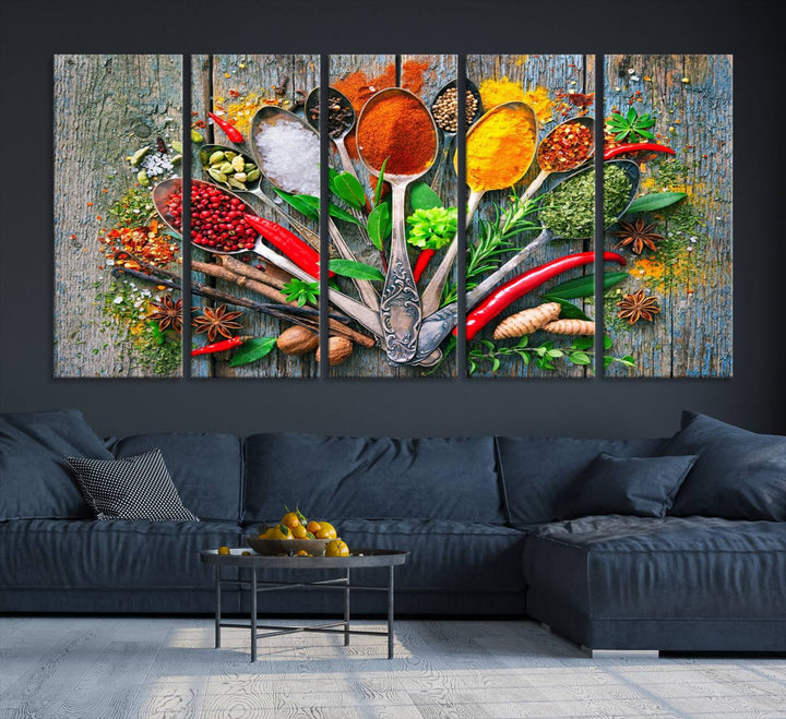 Vibrant Spoonful of Spices kitchen wall art canvas, a culinary triptych ideal for any dining room decor.