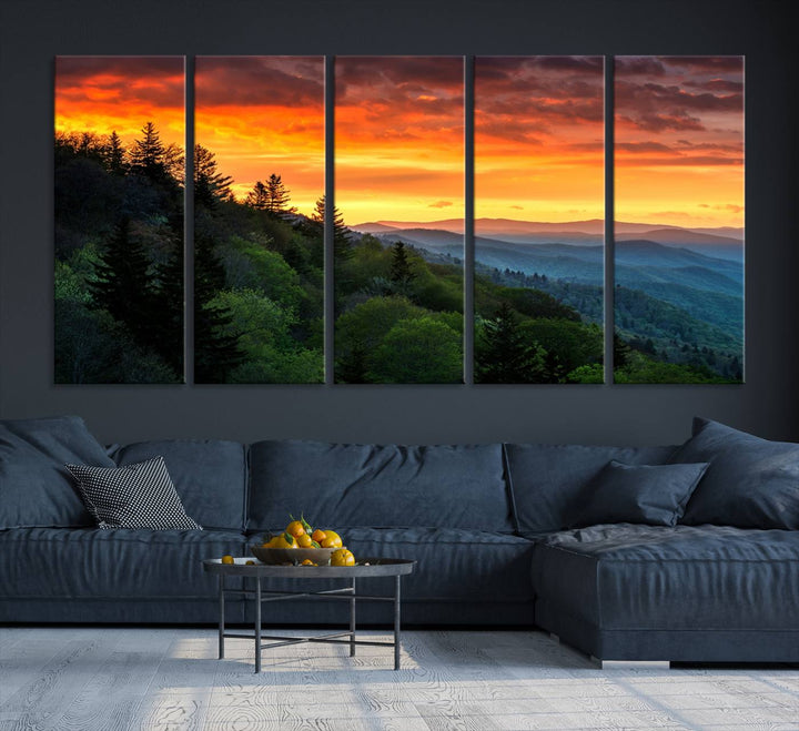 The Great Smoky Mountains Sunset Wall Art, a 3-panel print, beautifully captures natures beauty and is perfect for living room or office decor.