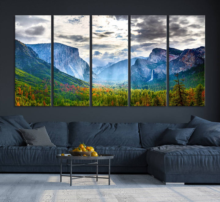 The Yosemite Park Half Dome 3 Panel Canvas Print beautifully captures the enchanting beauty of national parks with its vibrant mountain and forest scene. This large giclée landscape wall art is perfect for living rooms, offices, or bedrooms and comes ready to hang.