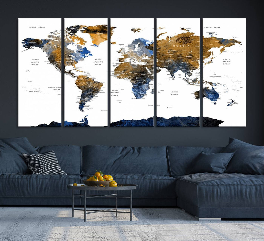 The Triptych Modern World Map Canvas in blue and brown is an ideal global decor piece for enhancing living rooms or offices. It comes ready to hang.