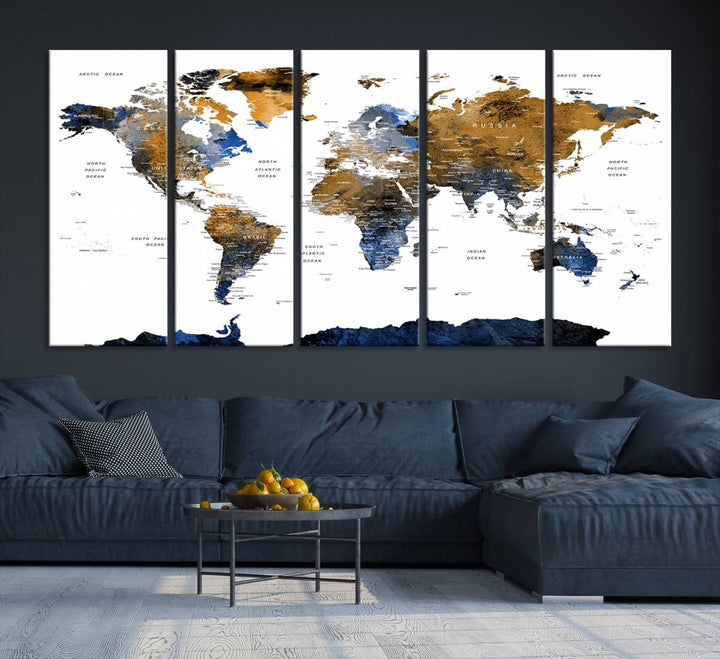 The Triptych Modern World Map Canvas in blue and brown is an ideal global decor piece for enhancing living rooms or offices. It comes ready to hang.