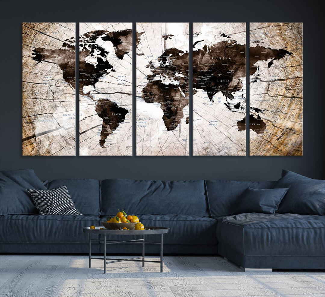 A Vintage World Map on Wood Style Canvas hangs prominently.