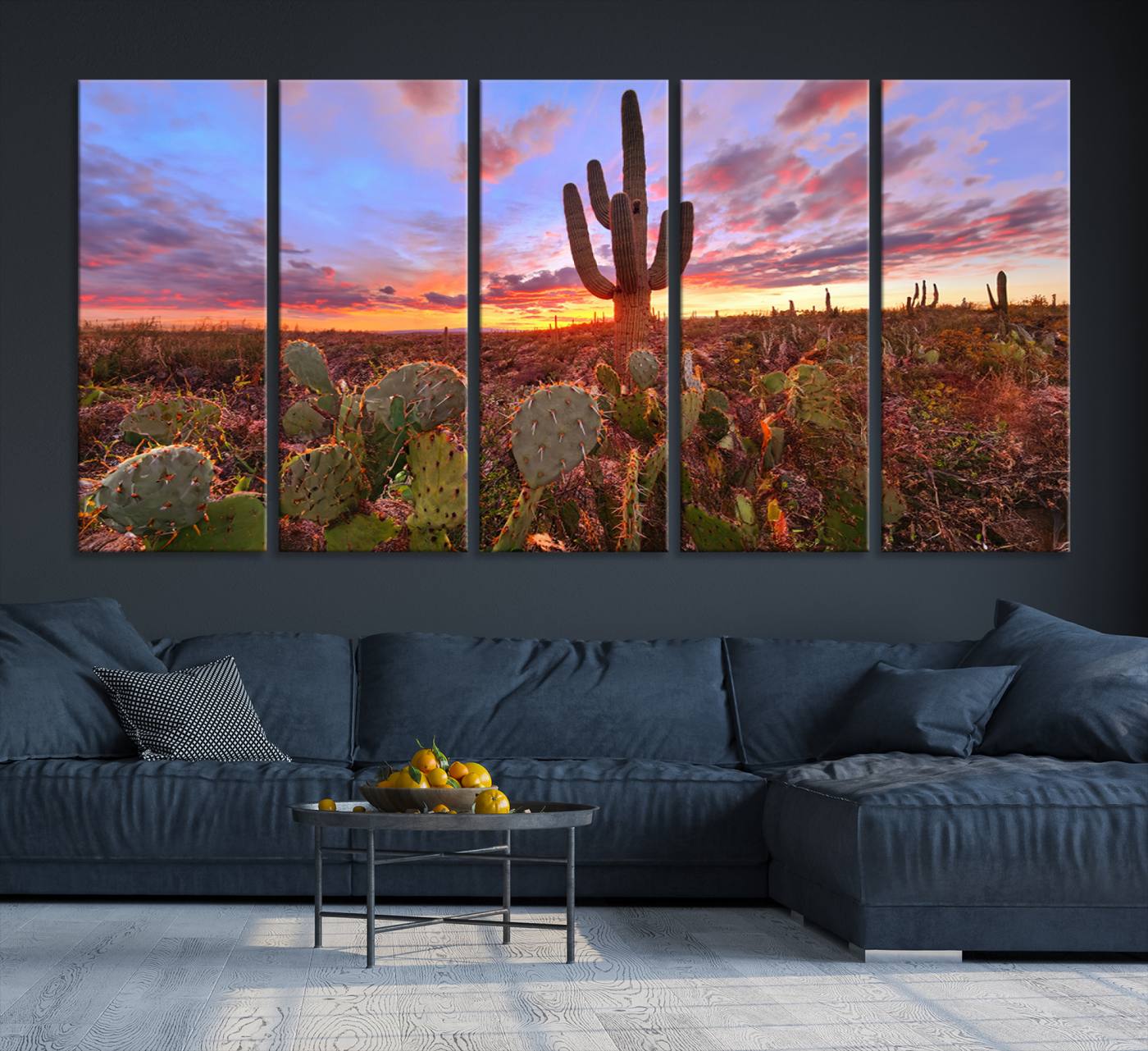 The Arizona Desert Sunset Wall Art Canvas Print hangs prominently.