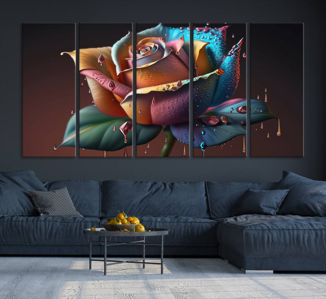 The Abstract Rose Wall Art Canvas Print displays a rose with droplets.