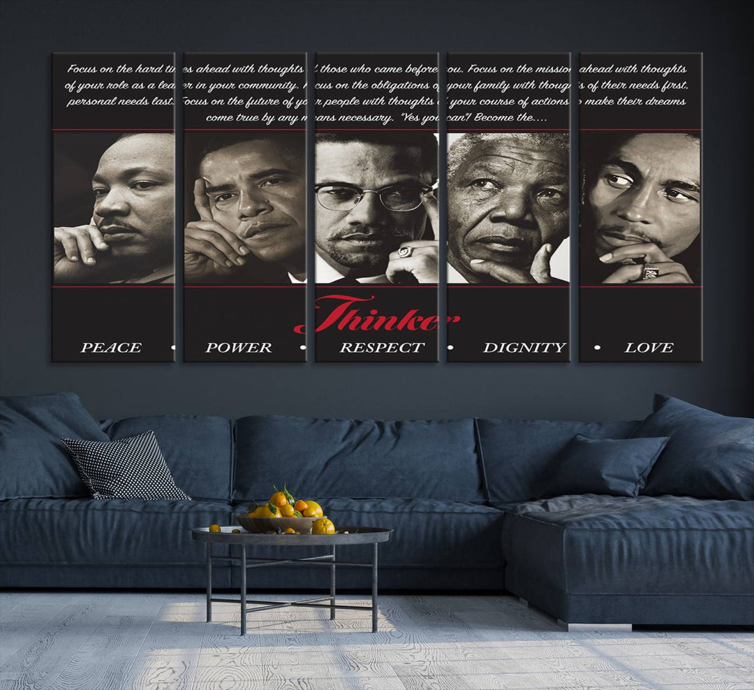 Thinker Wall art, Martin, Obama, Malcolm X, Mandela, Marley, Thinker Quintet Peace Power Respect Dignity Love Canvas Print, African Art Gift