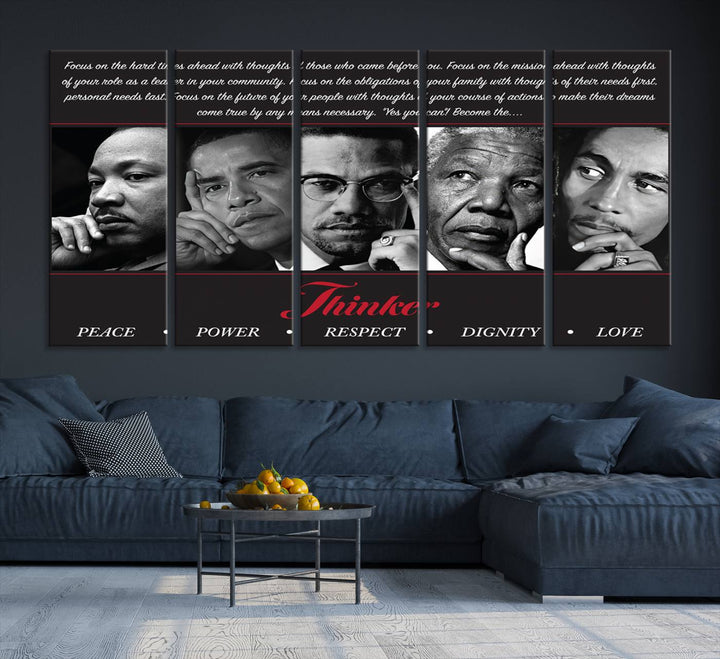 The wall art is a black and white piece featuring iconic figures accompanied by the words Thinker Peace Power Respect Dignity.