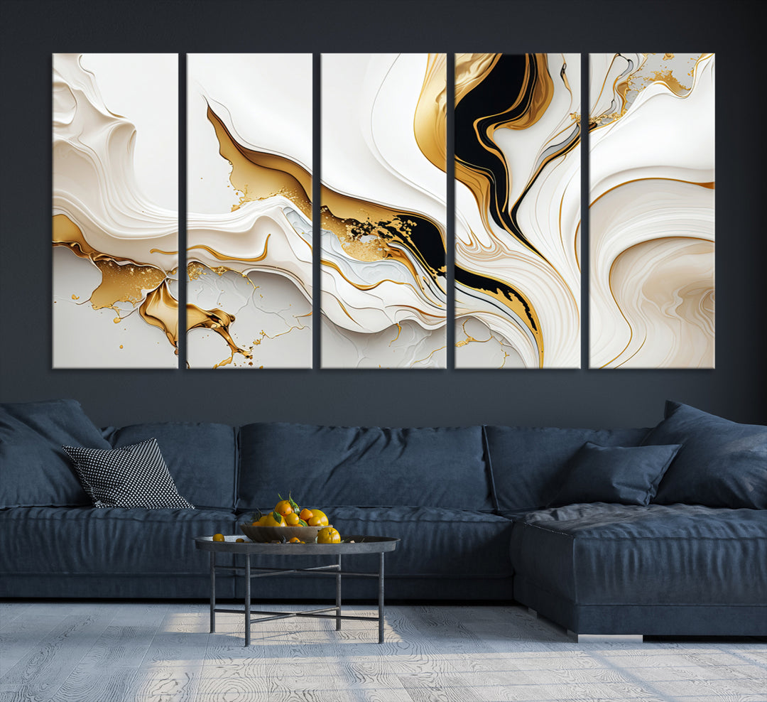 Modern interiors showcase Gold Waves on Pure White Canvas.