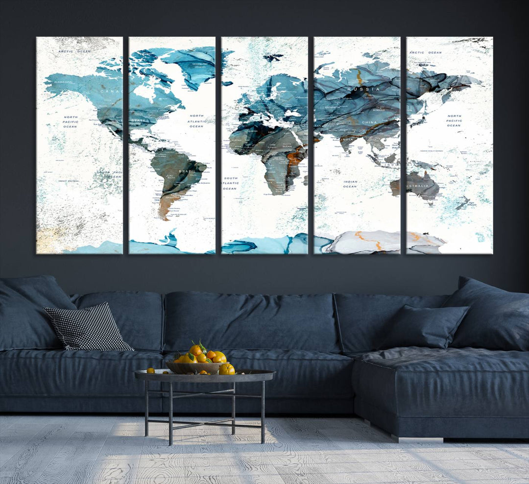 Push Pin World Map Wall Art Canvas Print adds a touch of elegance to the home decor.