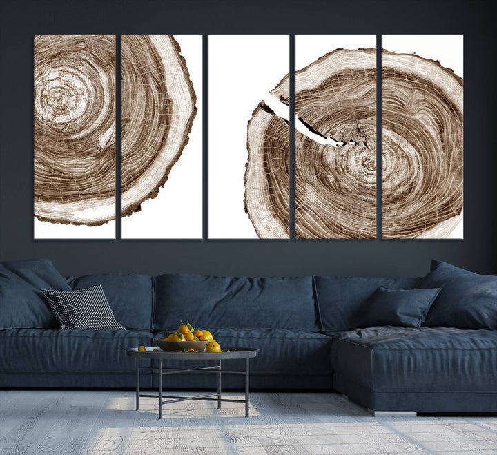 Wood Tree Ring Wall Art on a minimalist black and white canvas.