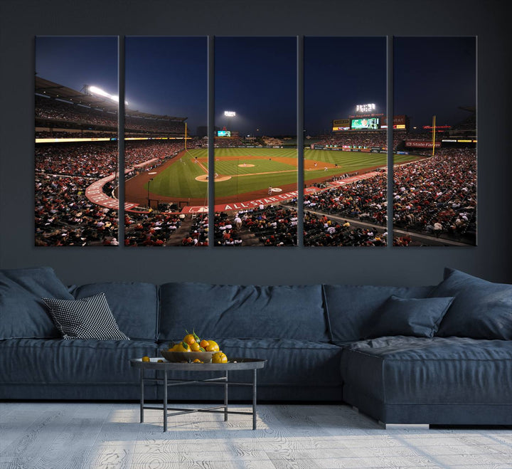 Aerial view of an LA Angels game at night, captured as stunning wall art on premium canvas, handmade in the USA.