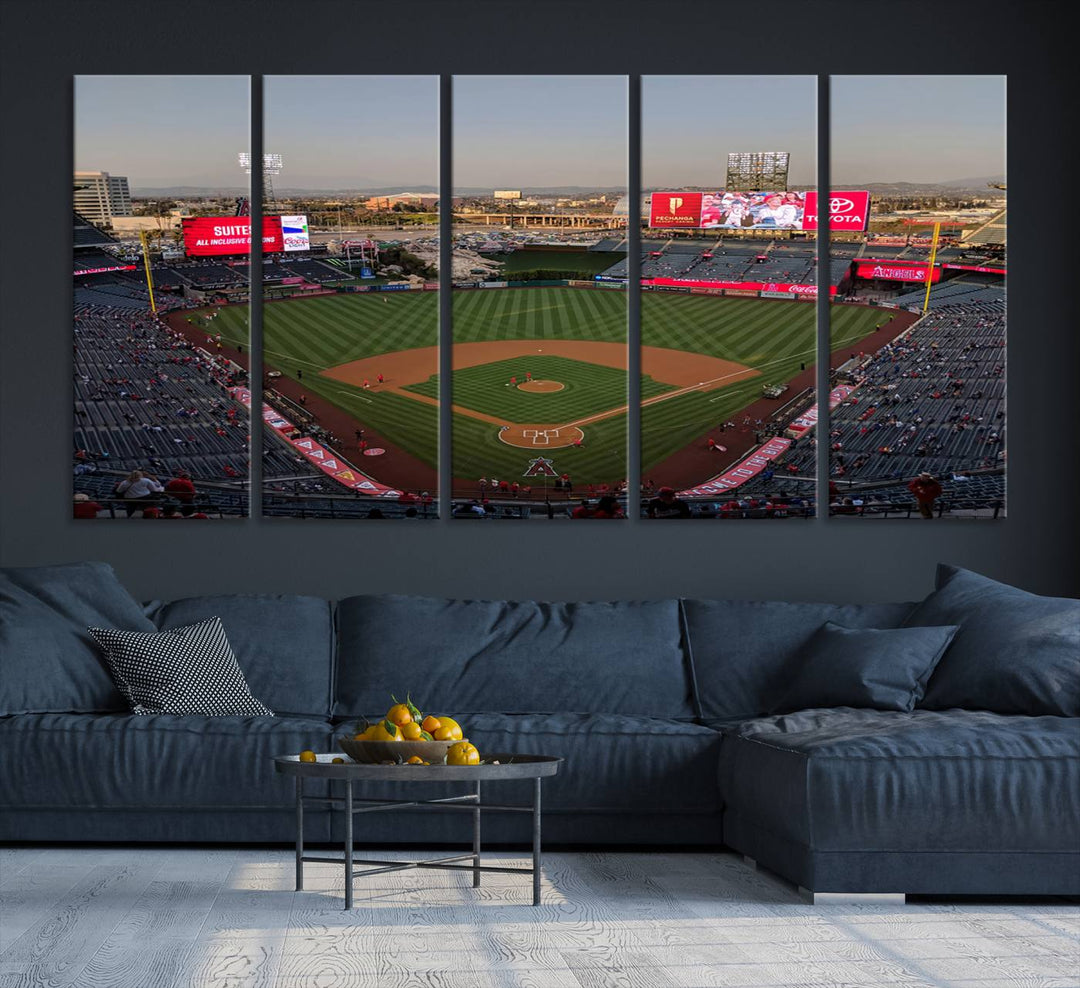 Aerial view of Angel Stadium, perfect as gallery-quality wall art - Los Angeles Angels Canvas Print.