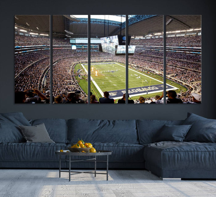 The wall art is a Dallas Cowboys AT&T Stadium Canvas Print, showcasing the iconic logo.