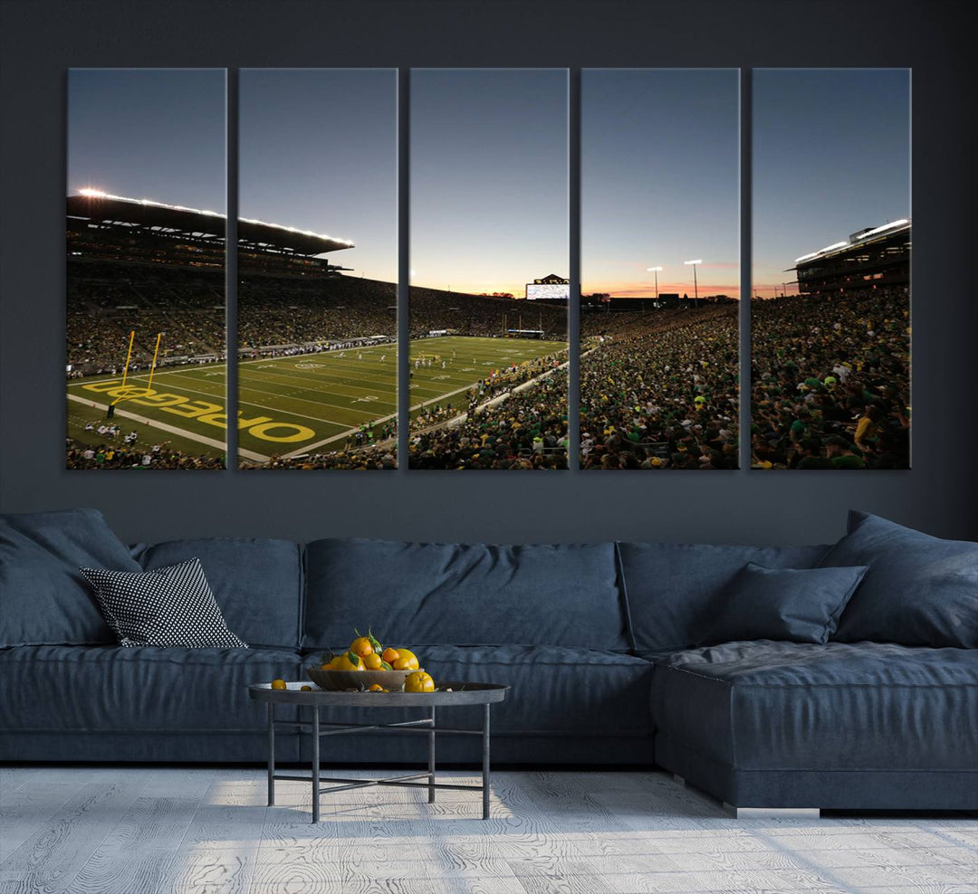 Canvas artwork depicting an Oregon Ducks football game at Autzen Stadium, capturing a sunset and packed stands.