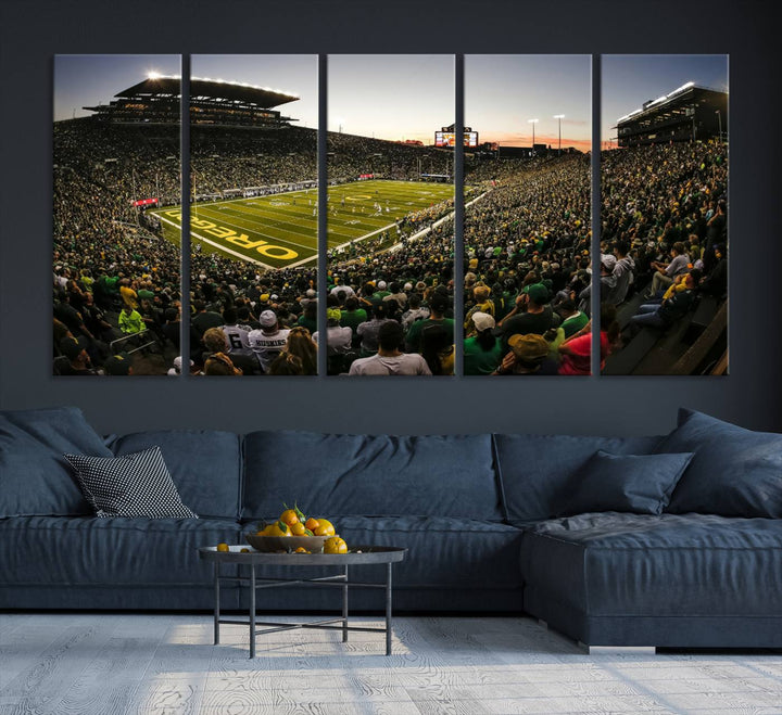 Autzen Stadium Evening Game Triple Canvas Wall Art - Oregon Ducks Football Match