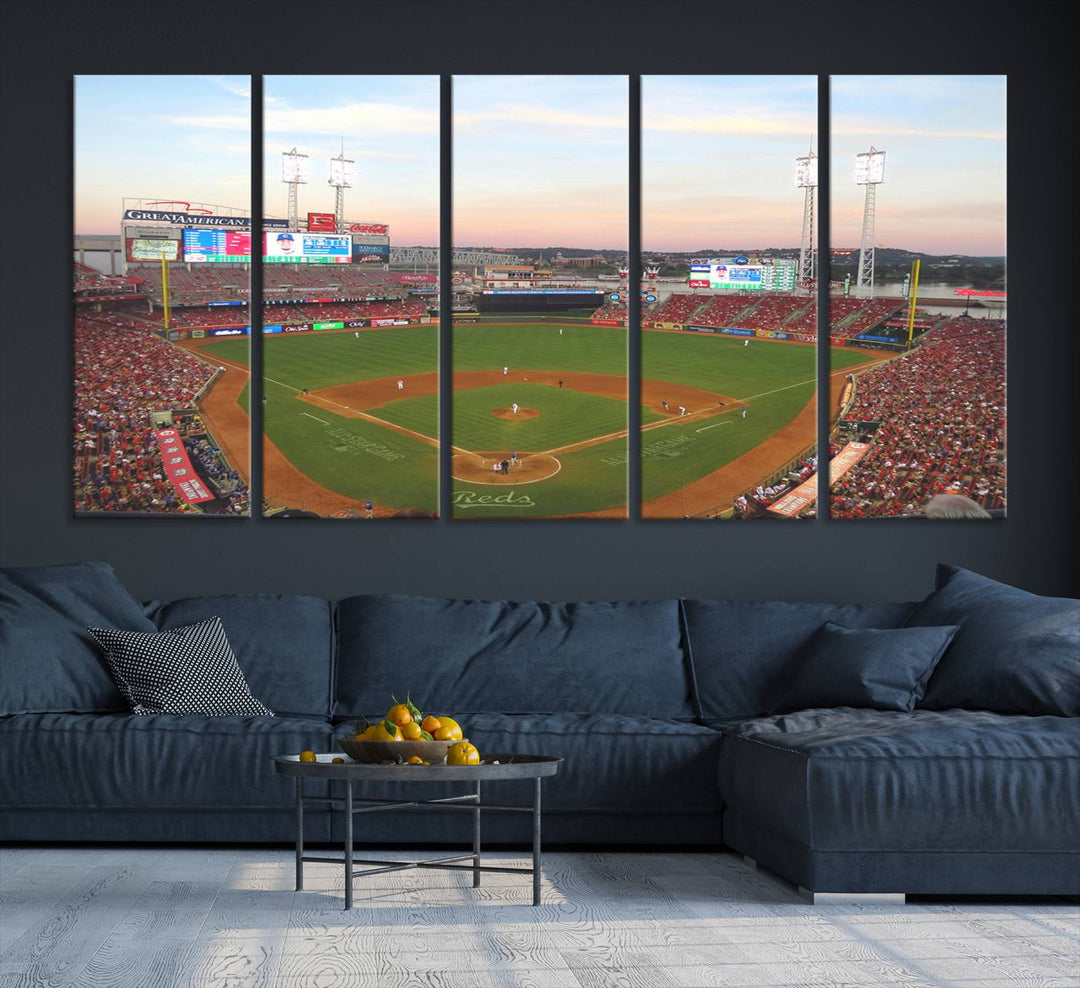 Cincinnati Reds game at sunset: Stadium wall art canvas.