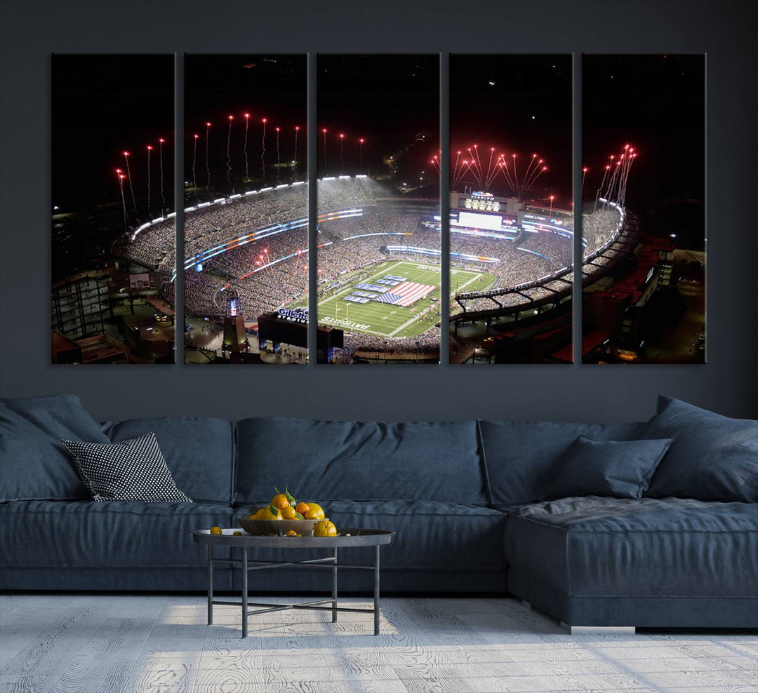 Aerial view of Gillette Stadium with fireworks and flag—ideal for a New England Patriots canvas print.