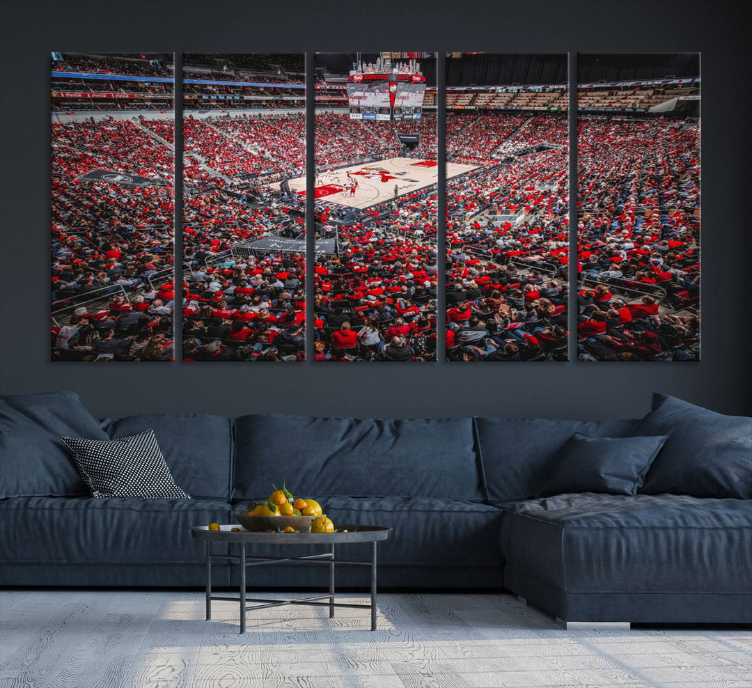 A painting of Louisville Cardinals fans in red at the KFC Yum Center Arena.