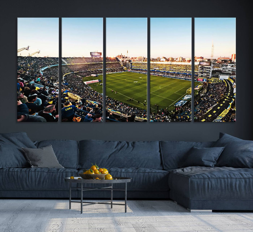 The wall art canvas print vividly captures the dynamic soccer culture at Bombonera Stadium with its vibrant depiction.