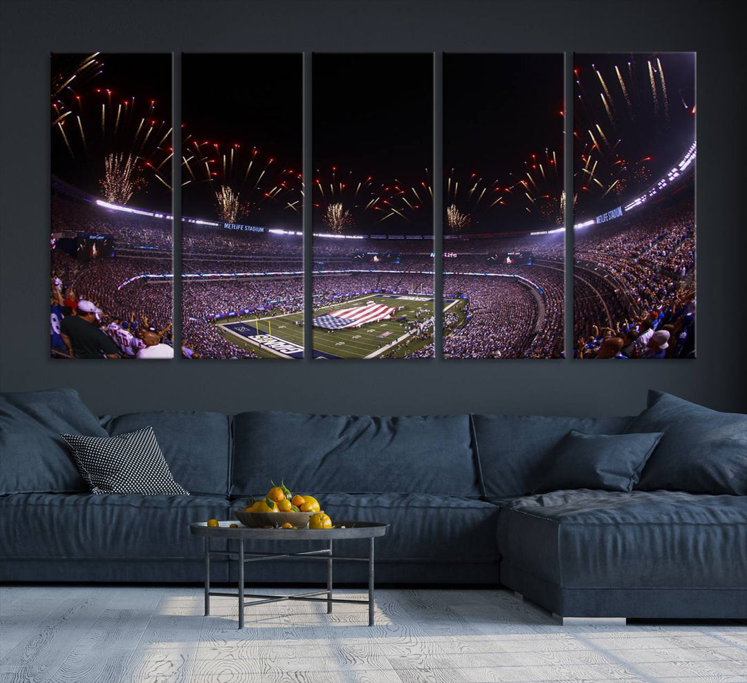 A vibrant wall art piece in MetLife Stadium features a stunning American flag design, capturing the spirited atmosphere of game day.