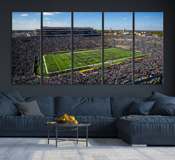 Aerial shot of packed stadium on green; Notre Dame Fighting Irish Stadium Wall Art Canvas Print.