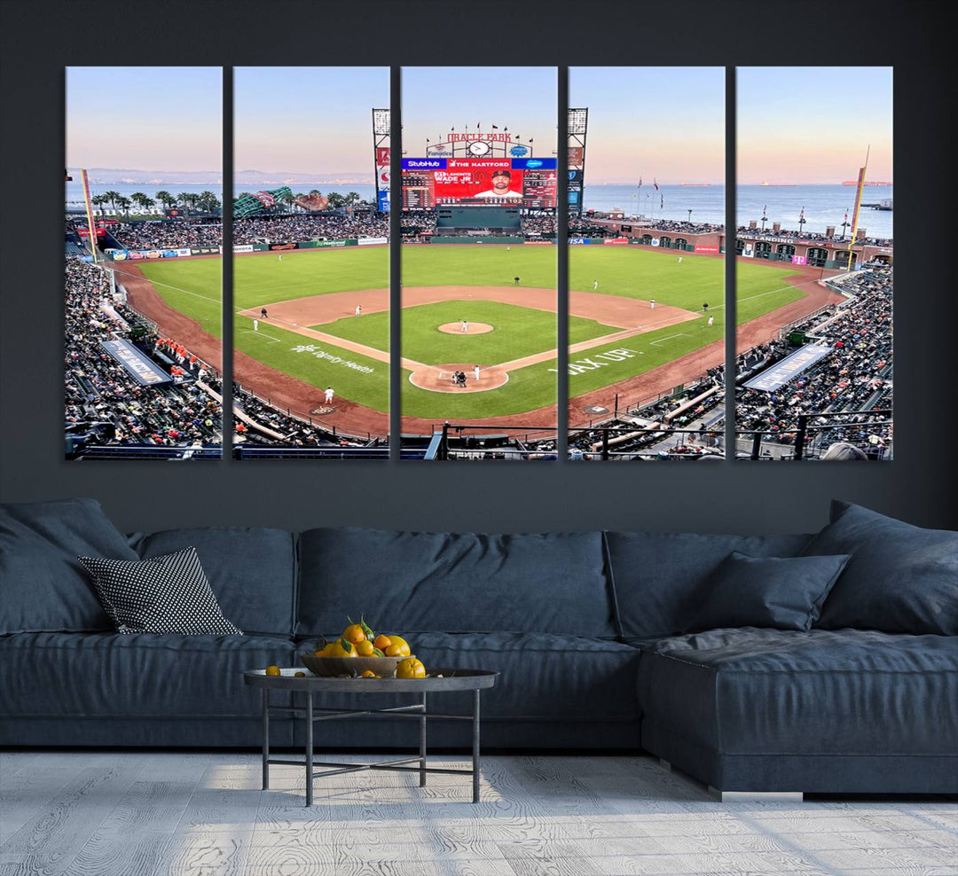 Gallery-quality canvas print of Oracle Park Stadium showcasing a waterfront view from behind home plate.