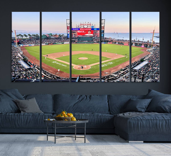 Gallery-quality canvas print of Oracle Park Stadium showcasing a waterfront view from behind home plate.