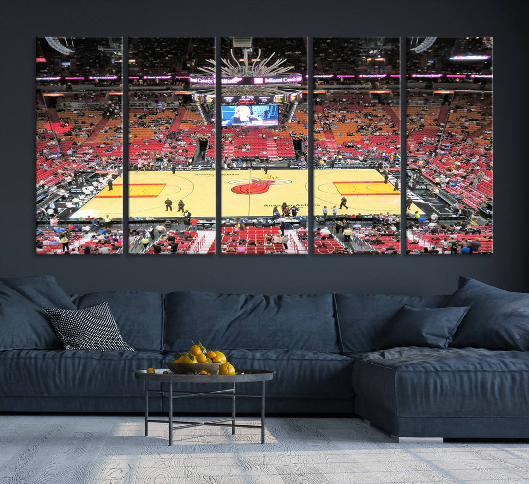 A Miami Heat Basketball Print showcases Kaseya Center Stadium Wall Art with a grand scoreboard.