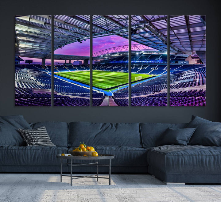 The FC Porto Soccer Team Dragon Stadium Wall Art Canvas Print decorates the room.