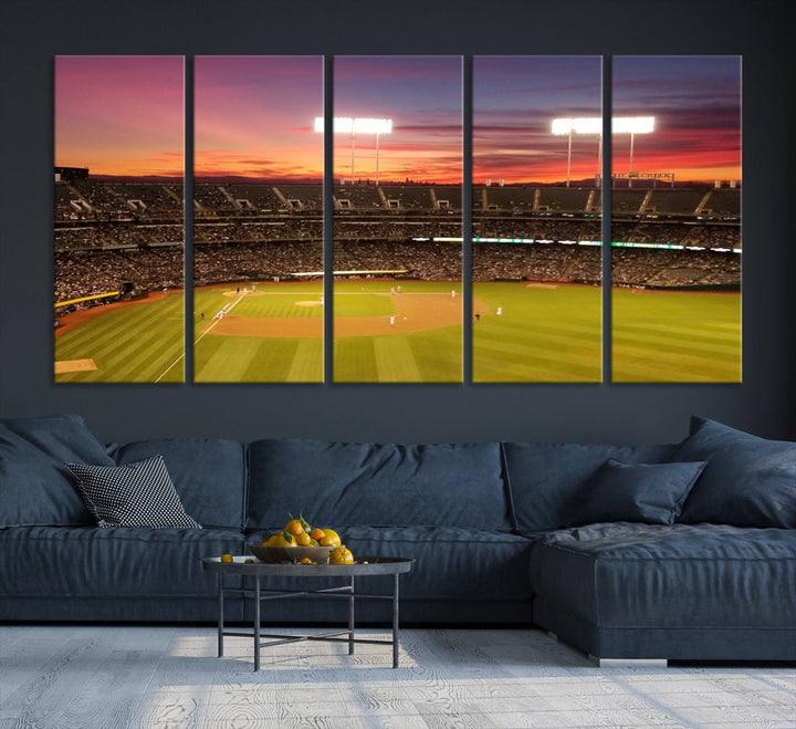 The Oakland Coliseum print is a museum-quality canvas depicting a full crowd and a sunset.