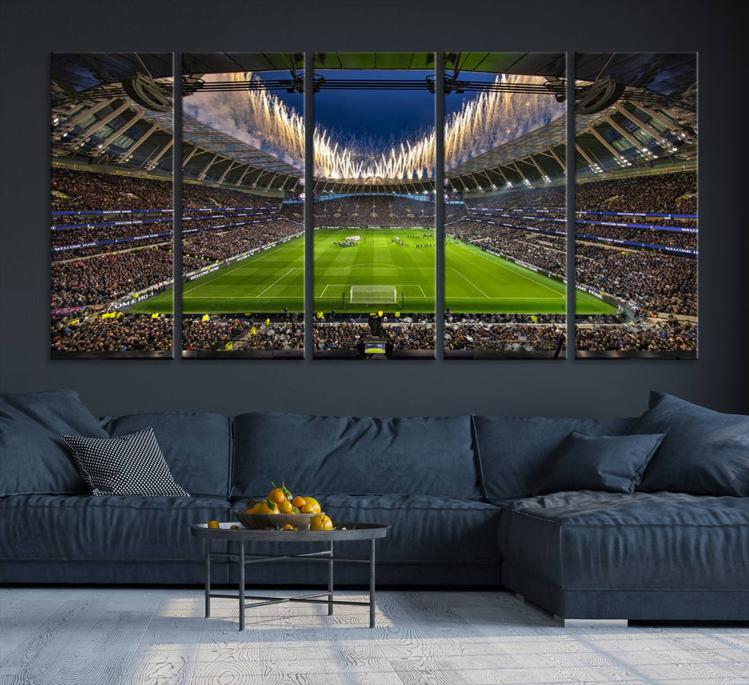 A stunning Tottenham Hotspur Stadium wall art captures the energy of a stadium packed with fans and vibrant lights.