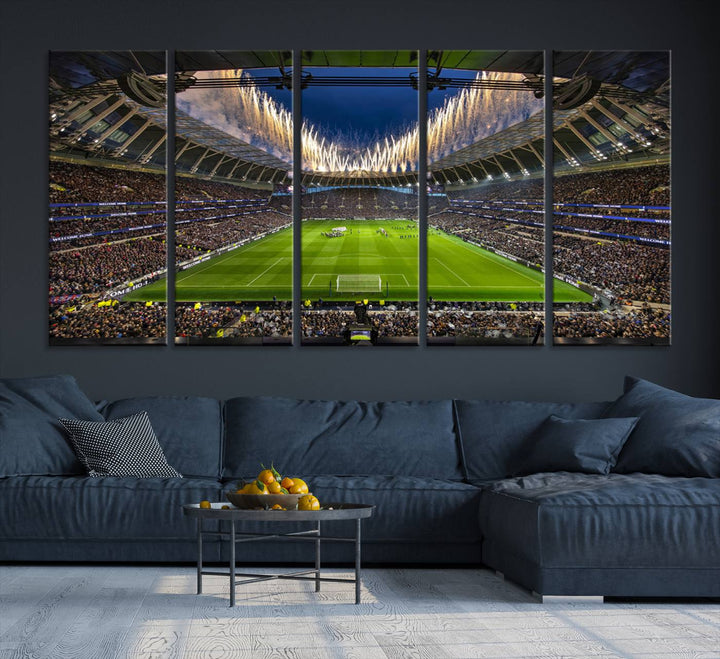 A stunning Tottenham Hotspur Stadium wall art captures the energy of a stadium packed with fans and vibrant lights.