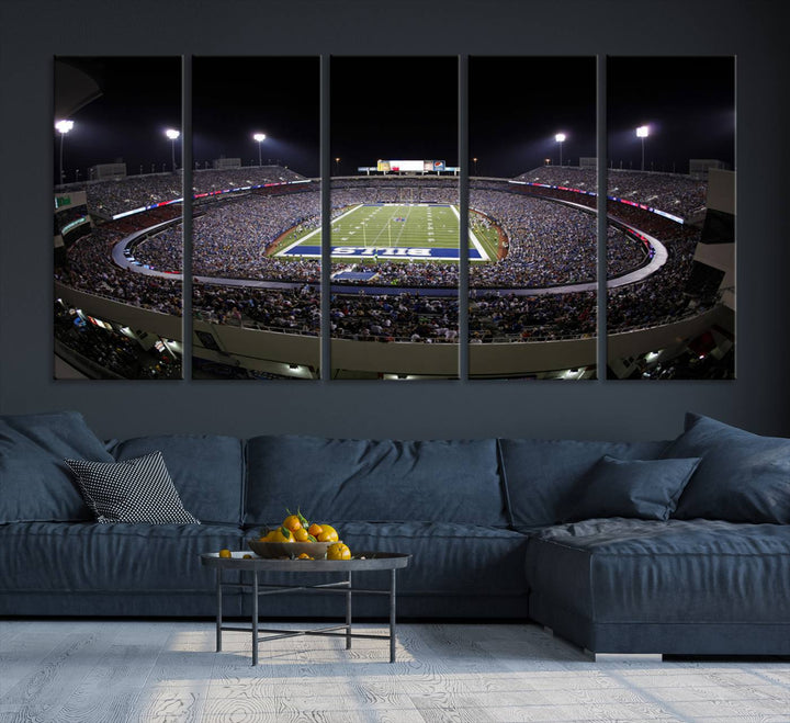 The Buffalo Bills NFL Highmark Stadium at night print captures the bright lights, conveying an exhilarating atmosphere.