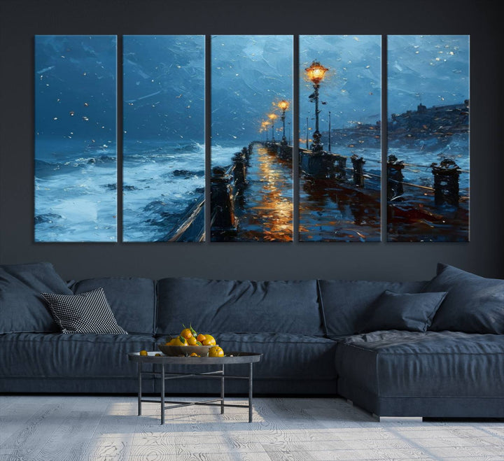 Framed 3-Panel Seaside Night Pier Oil Painting Canvas Wall Art | Ready to Hang Coastal Landscape Art for Modern Living Room, Office, or Bedroom Decor